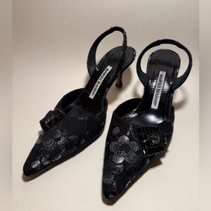 Manolo Blahnik Black Floral Brocade slingback Heels 2006-07 Holiday Vintage 6.5